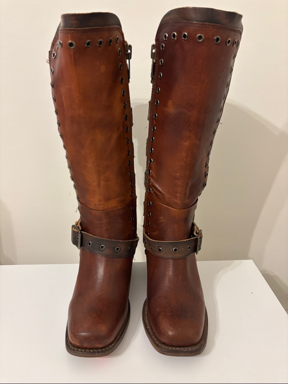 Freebird Women's Tall Brown Leather Riding Boots with Studded Trim no box